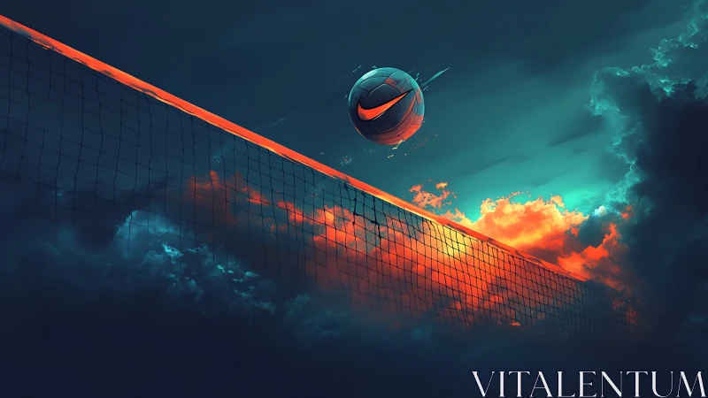 Futuristic volleyball soars above net in neon clouds.