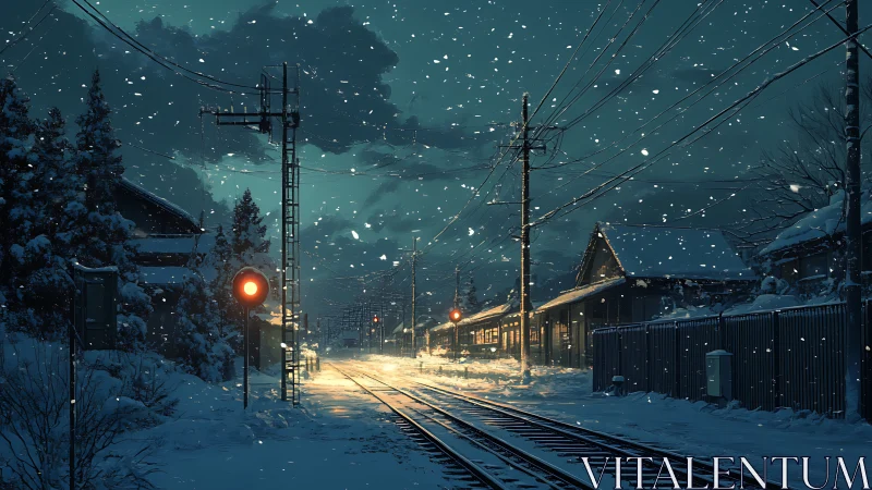 Snowbound rural railway at dusk with glowing signal lights.