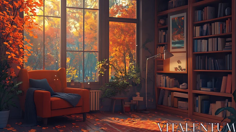 Golden autumn reading nook glows with soft afternoon light