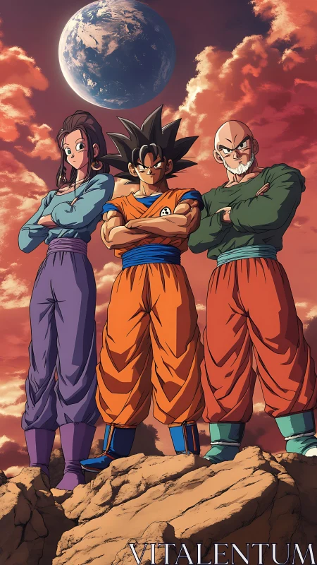 Sky-top heroes stand tall beneath a glowing distant world.