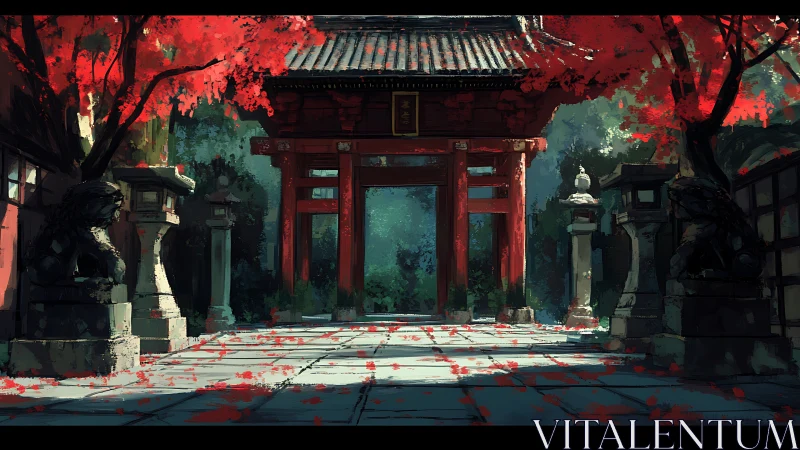 Autumnal shrine corridor with vermilion gate and stone guardians.