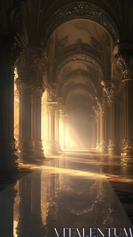Gilded vaulted corridor with luminous golden arches.