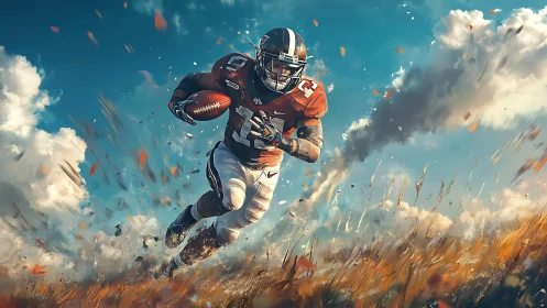 American football runner in dynamic field landscape.