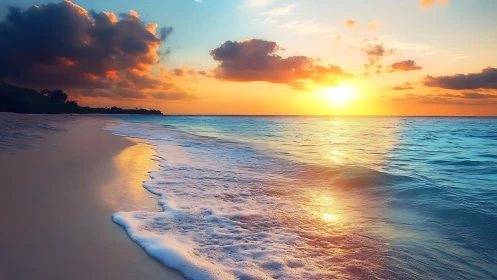 Golden sun melts into tranquil turquoise ocean horizon.