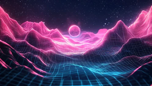 Neon wireframe sci fi mountains under glowing digital moon.