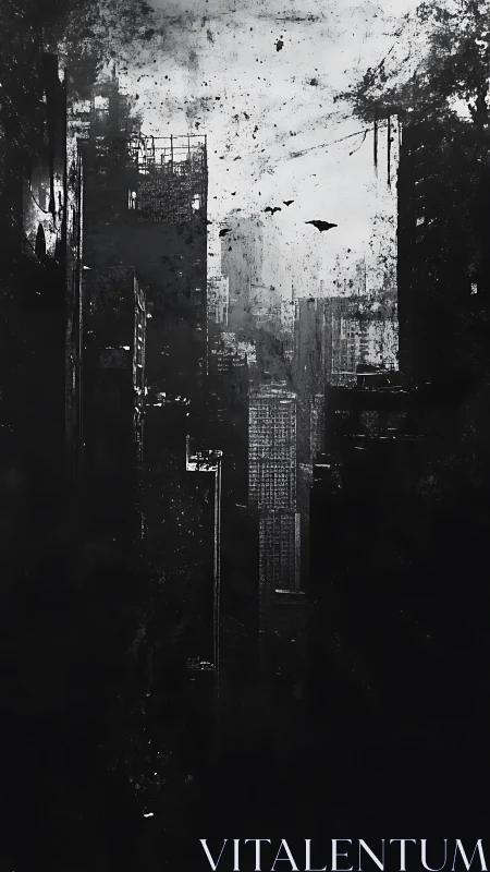 Monochrome vertical megacity rendered as eroded data field.