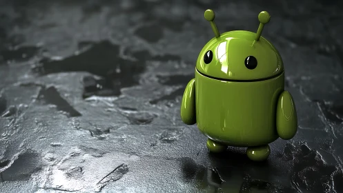 Glossy green robot mascot on reflective textured floor.