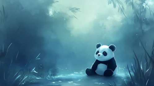 Digital illustration shows panda toy seated in misty clearing