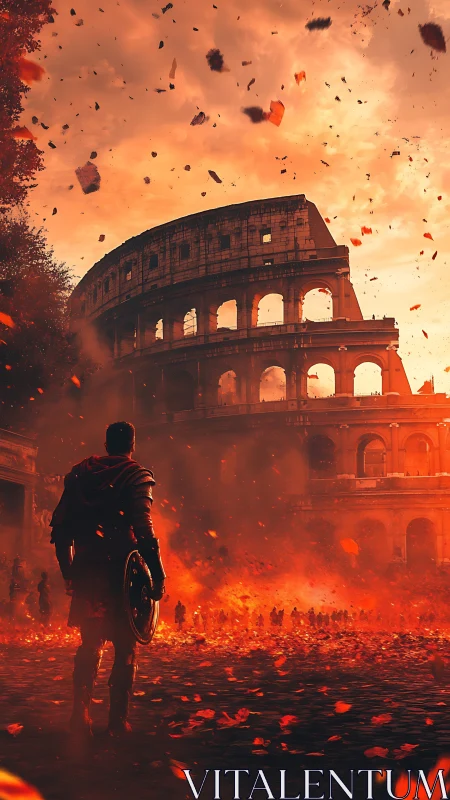 Roman warrior surveys burning Colosseum under falling embers