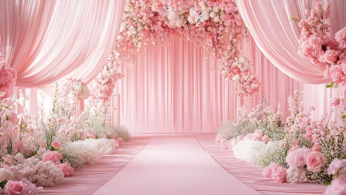 Blush wedding aisle under cascading floral archway.