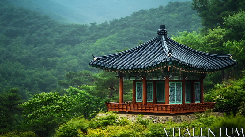 Mountain pavilion rests in serene mist among emerald forest