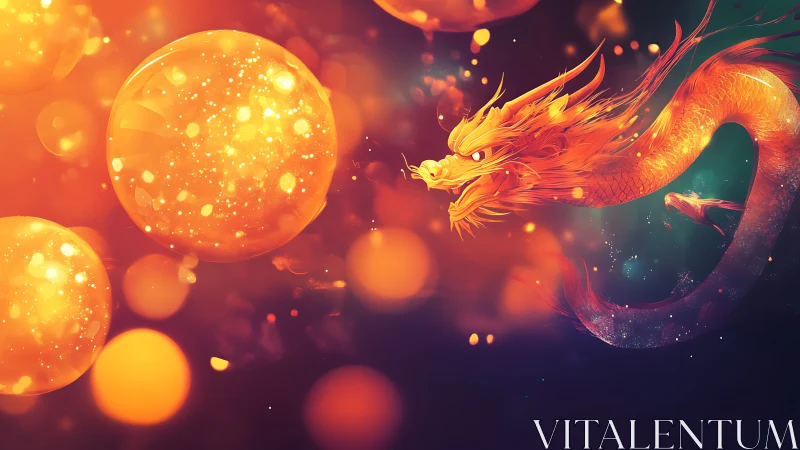 Fiery oriental dragon with glowing spheres in abstraction.