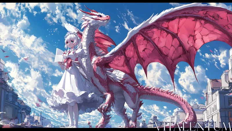 Anime girl with crimson dragon under expansive urban sky
