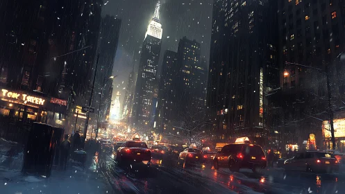 Nocturnal snowstorm taxis under high-rise luminance grid.