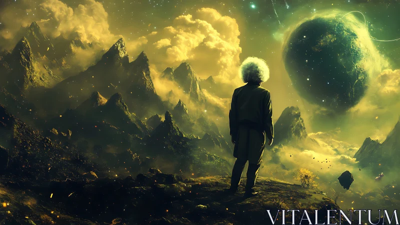 Curly haired wanderer watching distant green planet glow.