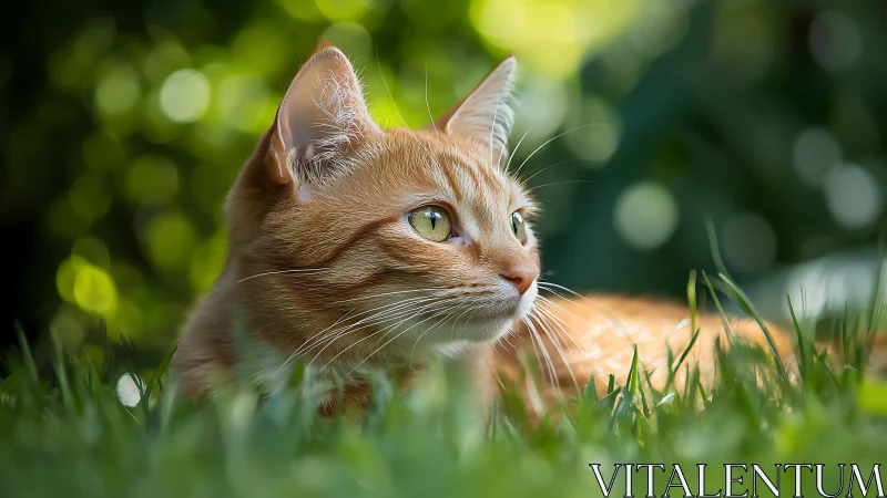 Alert Orange Tabby Cat Rests in Dappled Garden Sunlight