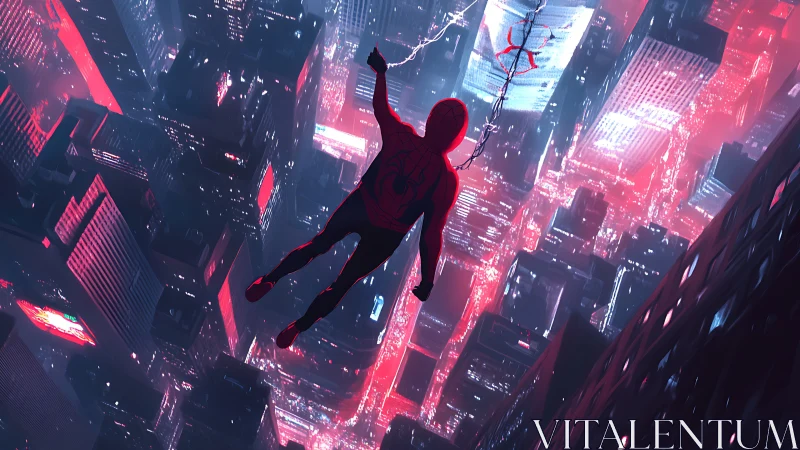 Neon web-swinger dives through electric crimson city skies.