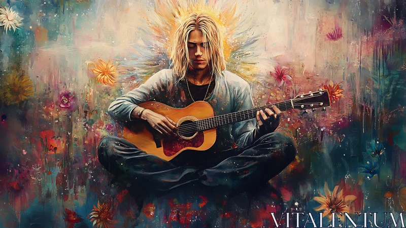 Digital painting of meditative guitarist in floral color halo.
