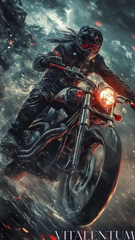 Motorcyclist accelerates through storm flood with dynamic motion blur