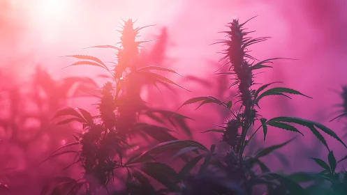 Backlit cannabis plants stand against diffuse pink light