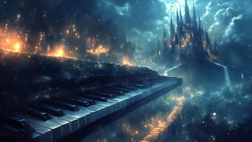 Celestial piano bridge guiding starlit city of music dreams.