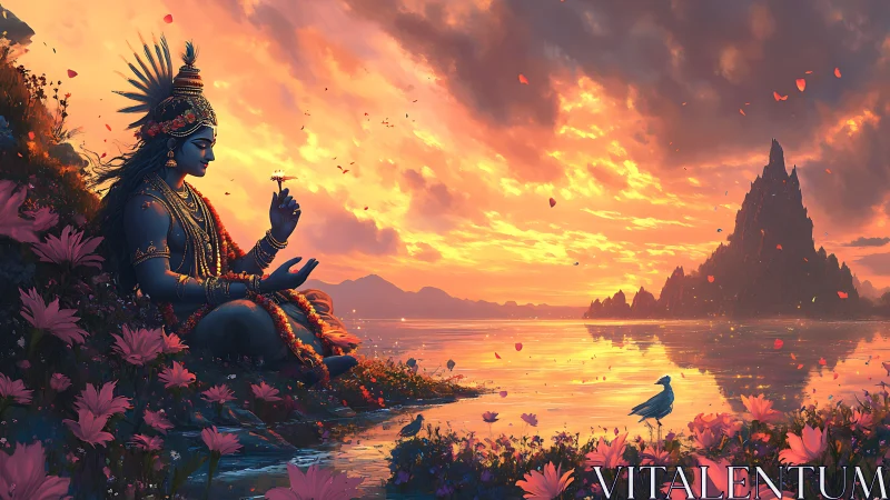 Twilight deity dreaming beside a lotus-drifted sacred lake.