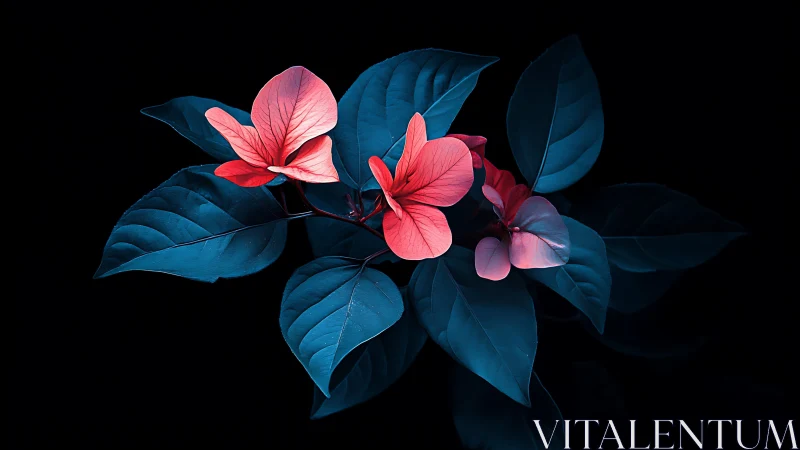 Pink Blossoms Against Deep Blue Foliage in Darkness