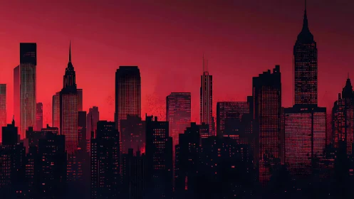 Crimson dusk engulfs a towering futuristic city skyline
