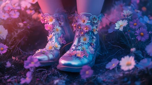 Surreal floral boots in neon twilight botanical close-up study.