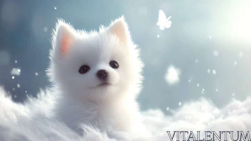 Fluffy white puppy in glowing dreamy soft light portrait.