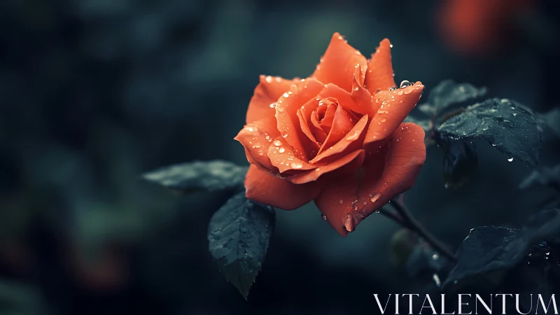 Orange Rose with Dew Drops in Moody Garden Setting.