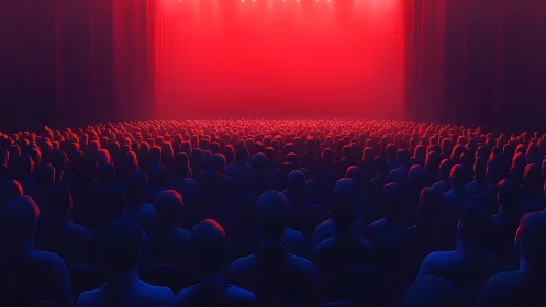 3D audience under red stage wash with sculptural silhouettes.