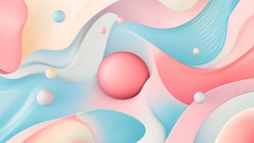 Soft gradient abstract with layered waves and spheres.