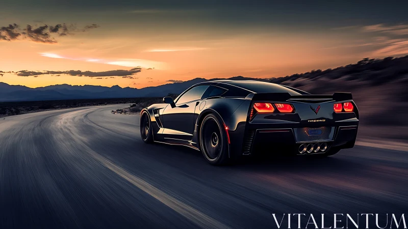 Black sports coupe follows curved highway during sunset