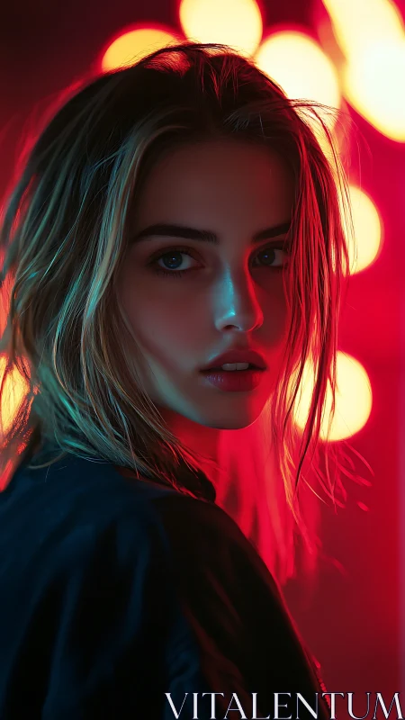 Neon-lit portrait of woman with moody backlight glow.