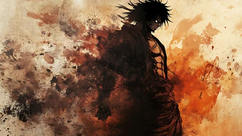 Brooding anime warrior wrapped in fiery swirling shadows.