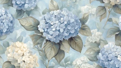 Soft Blue Hydrangea Blossoms in Layered Botanical Composition.