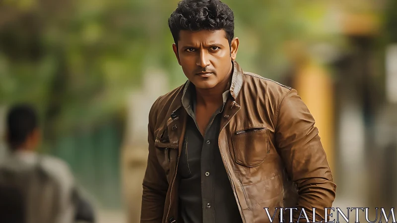 Man in brown leather jacket in shallow depth of field portrait.