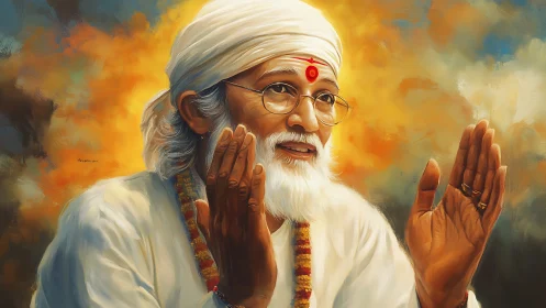 Elderly spiritual guru portrait with raised blessing hands