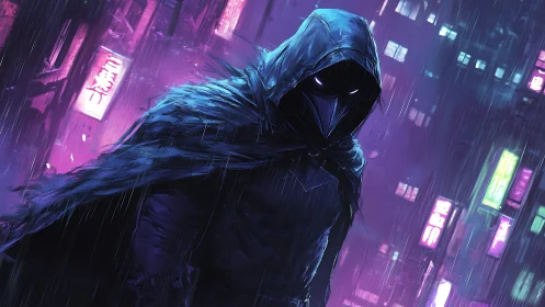 Shadowed raven-hooded figure prowls neon city streets at night