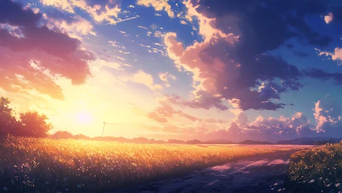 Sunset road across glowing summer field under clouds.