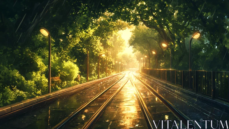 Sunlit tram tracks curve through luminous rain-soaked forest.