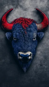 Chromatic bison bust with high-contrast red horn geometry.