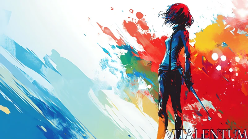 Silhouetted figure amid dynamic multicolor paint streaks.