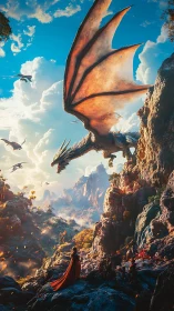 Volcanic cliffside dragon approach with airborne squadron encounter.