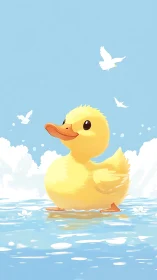 Stylized yellow duckling on reflective water under clear sky