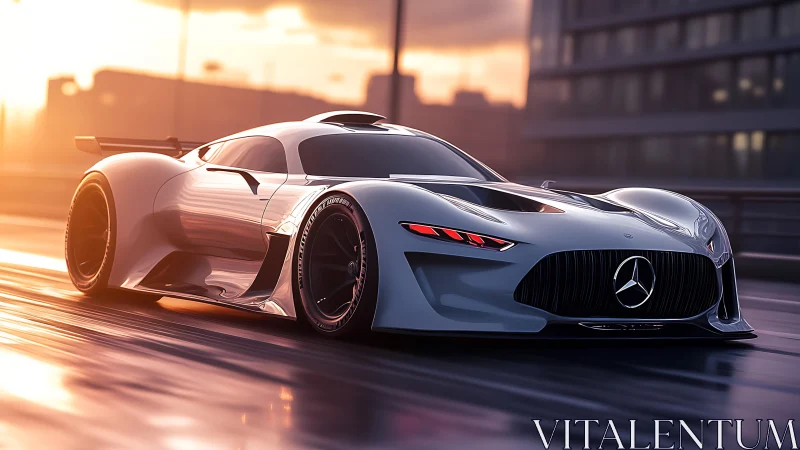 Sleek silver Mercedes hypercar racing on wet city road.