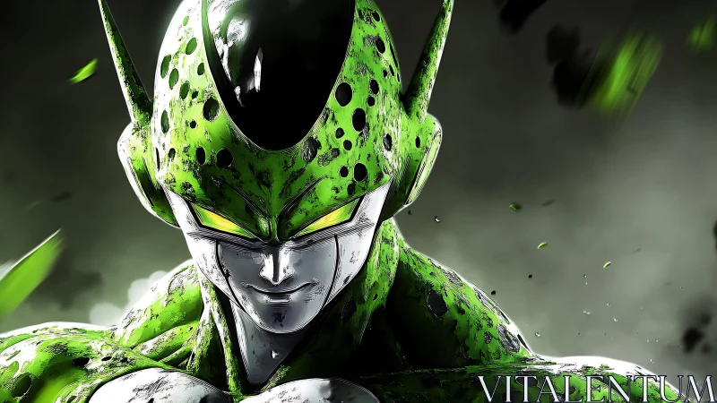 Biomechanical green warrior portrait with glowing yellow eyes