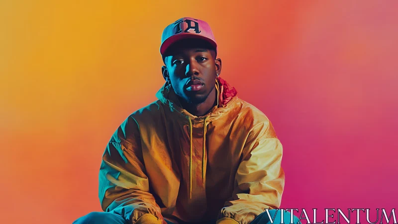 Urban portrait in saturated duotone gradient studio light.