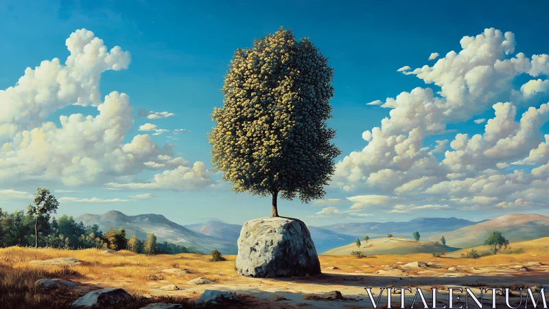 Solitary blooming tree rises from weathered boulder plateau